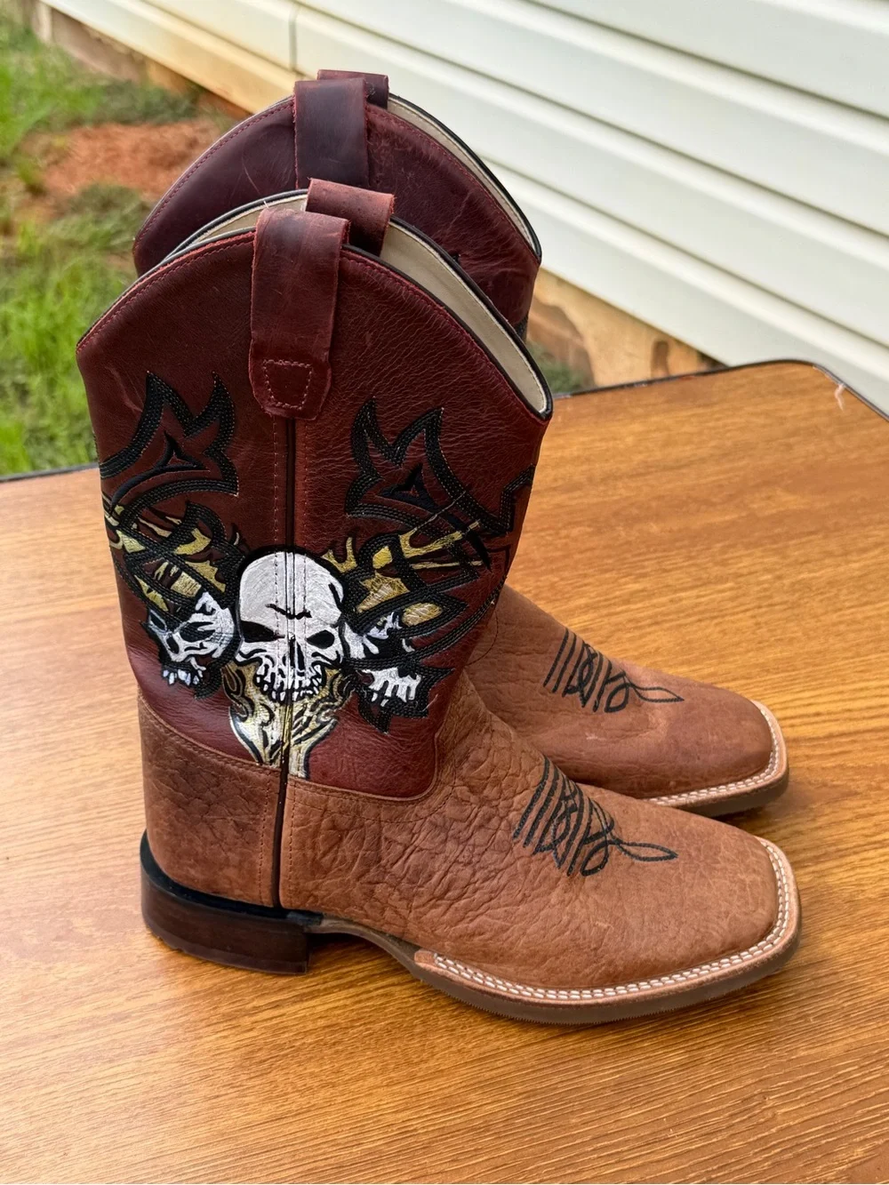 Old West Men’s 6D Brown Leather Cowboy Boots Skull Graphic Square Toe Handmade